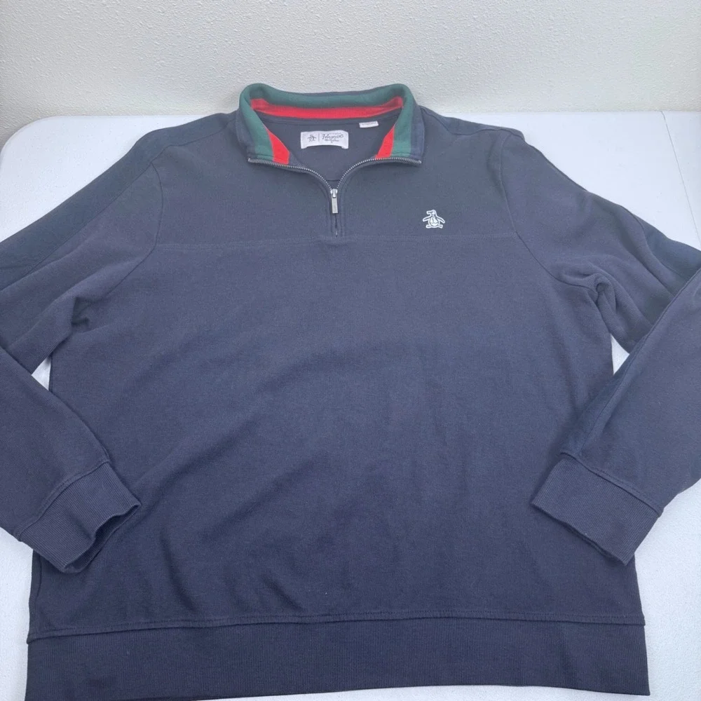 Original Penguin Mens XXL‎ Quarter Zip Pullover Navy Blue Striped Collar Logo